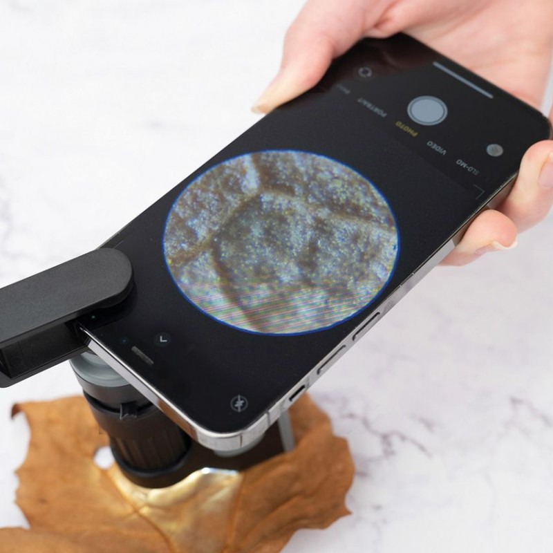 Microscope de poche avec base rabattable et clip pour smartphone