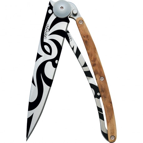 Couteau Deejo Tattoo Tribal lame 9.5cm lisse manche bois genévrier - 1