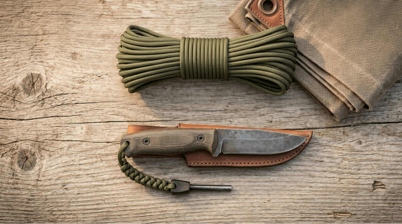 Paracorde 550 enroulée et matériel bushcraft — 10 nœuds essentiels